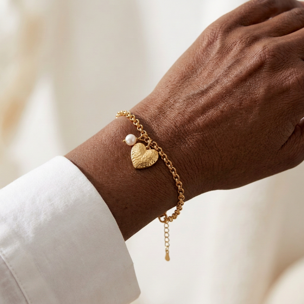 Bracelet perle blanche porté sur un poignet à la peau noire, génération en cours