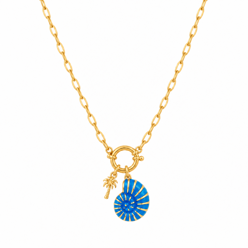 Collier aux mailles plates avec coquillage et petit cocotier