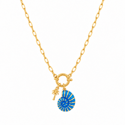 Collier aux mailles plates avec coquillage et petit cocotier