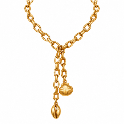 Collier chaîne lariat coquillages fond blanc