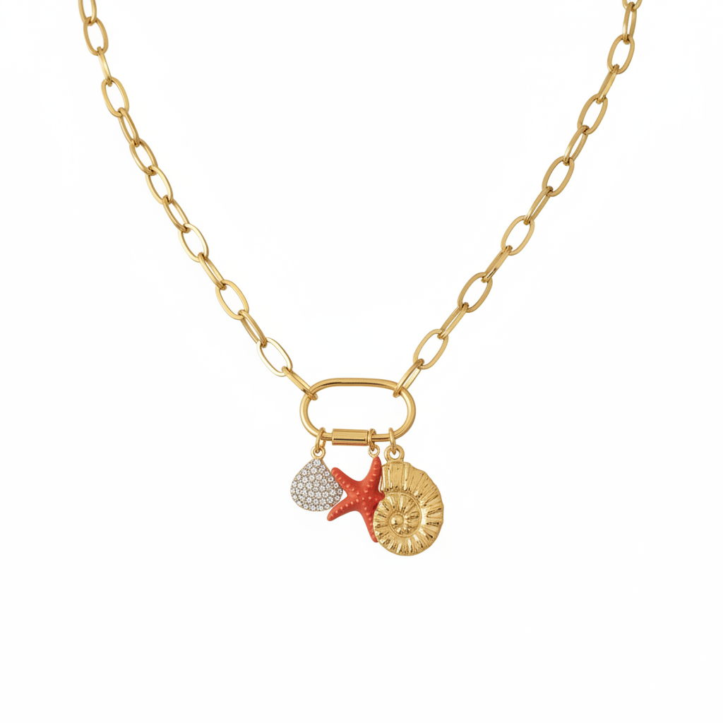 Collier charms dorés fond blanc