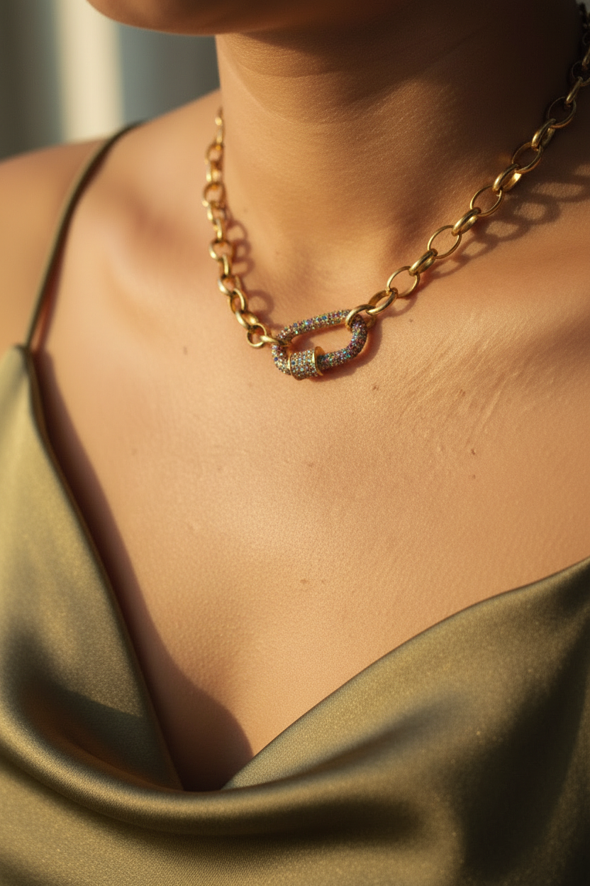 Collier doré intensifié avec robe satinée kaki
