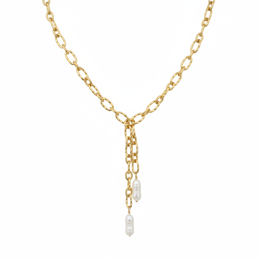 Collier doré perles baroques fond blanc