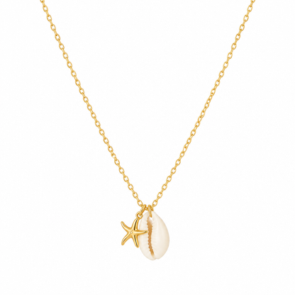 Collier fin avec étoile de mer dorée et cauris sur fond blanc