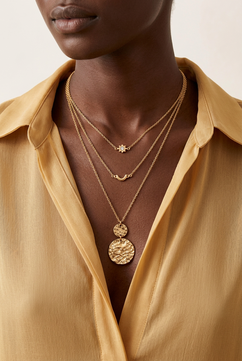 Collier multirangs porté par un mannequin noir avec une chemise dorée en voile, génération en cours