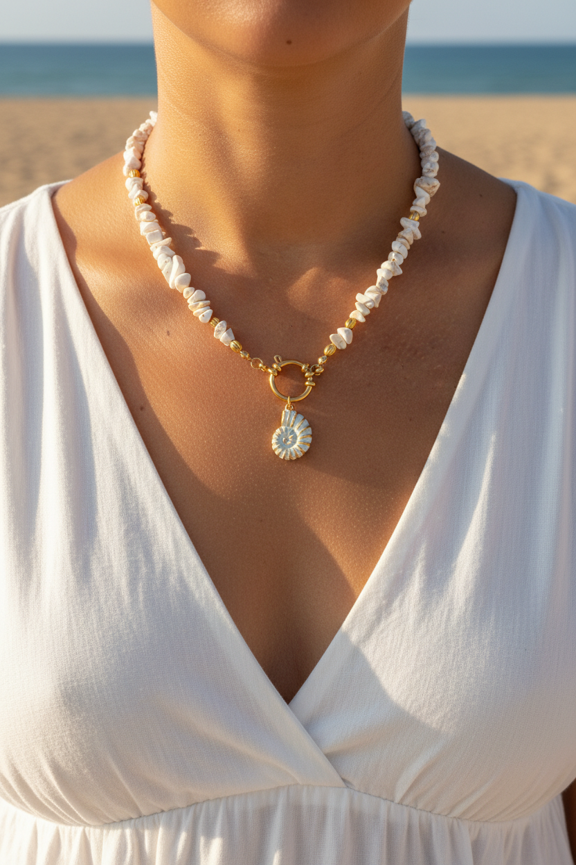 Collier pierres blanches coquillage doré plage