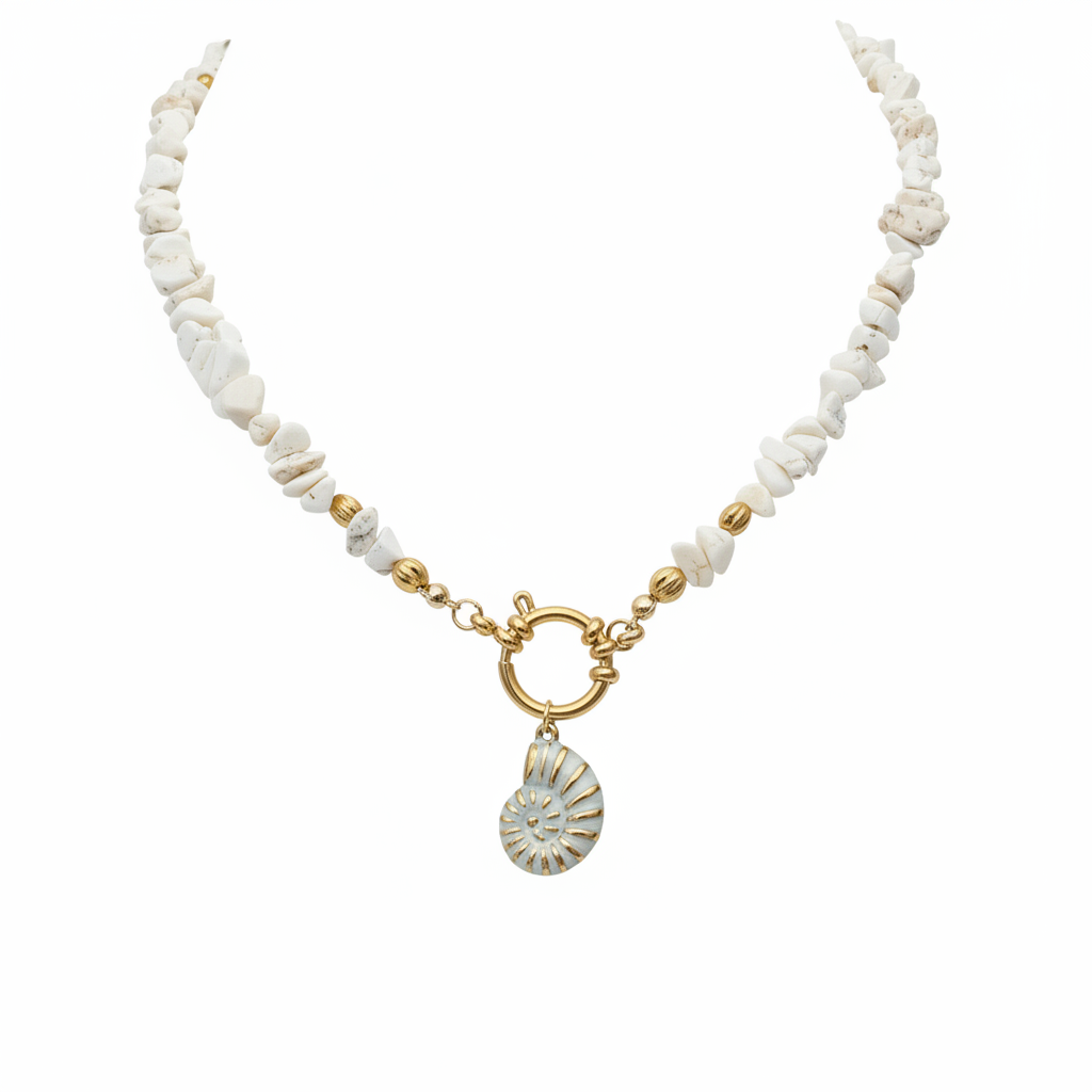 Collier pierres blanches perles dorées toggle fond blanc