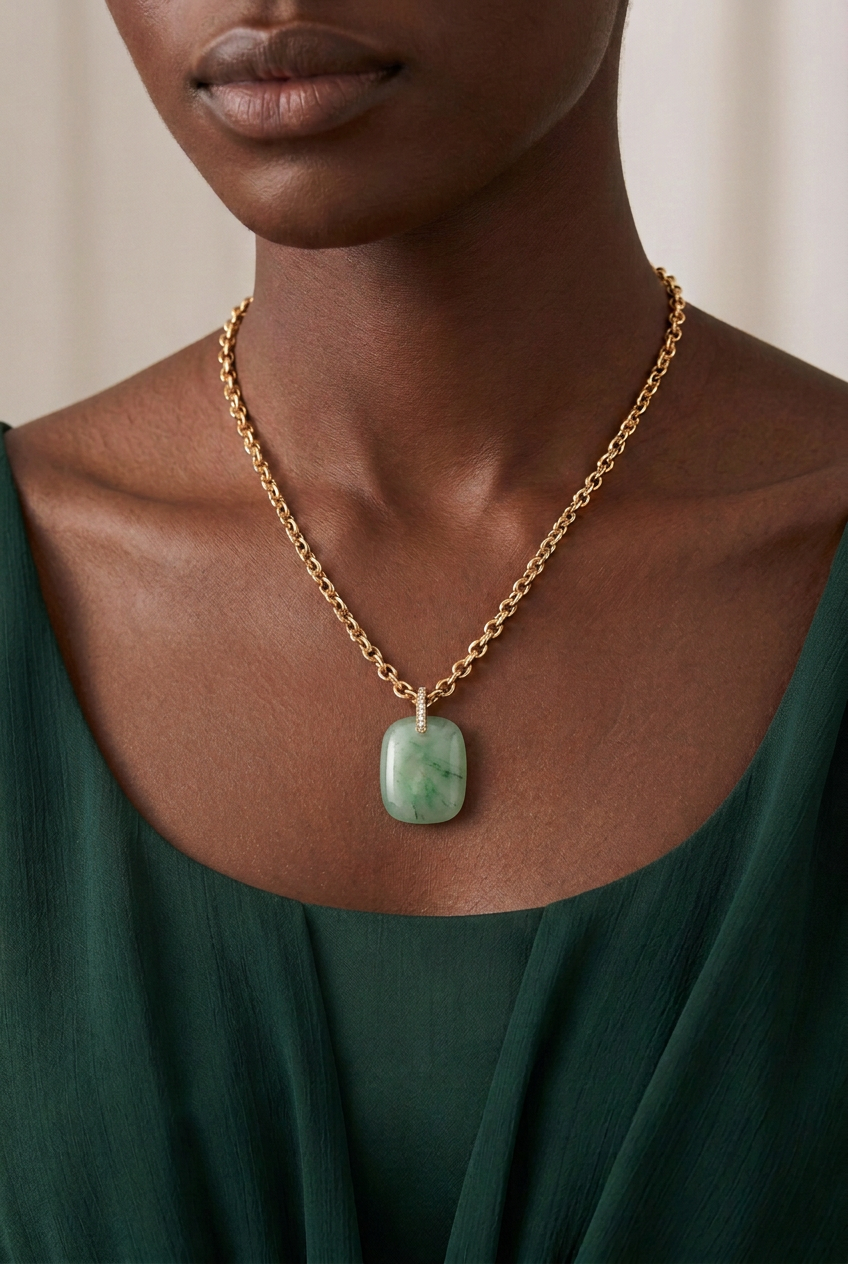 Collier porté avec l’aventurine de ta photo de référence, retouche en cours