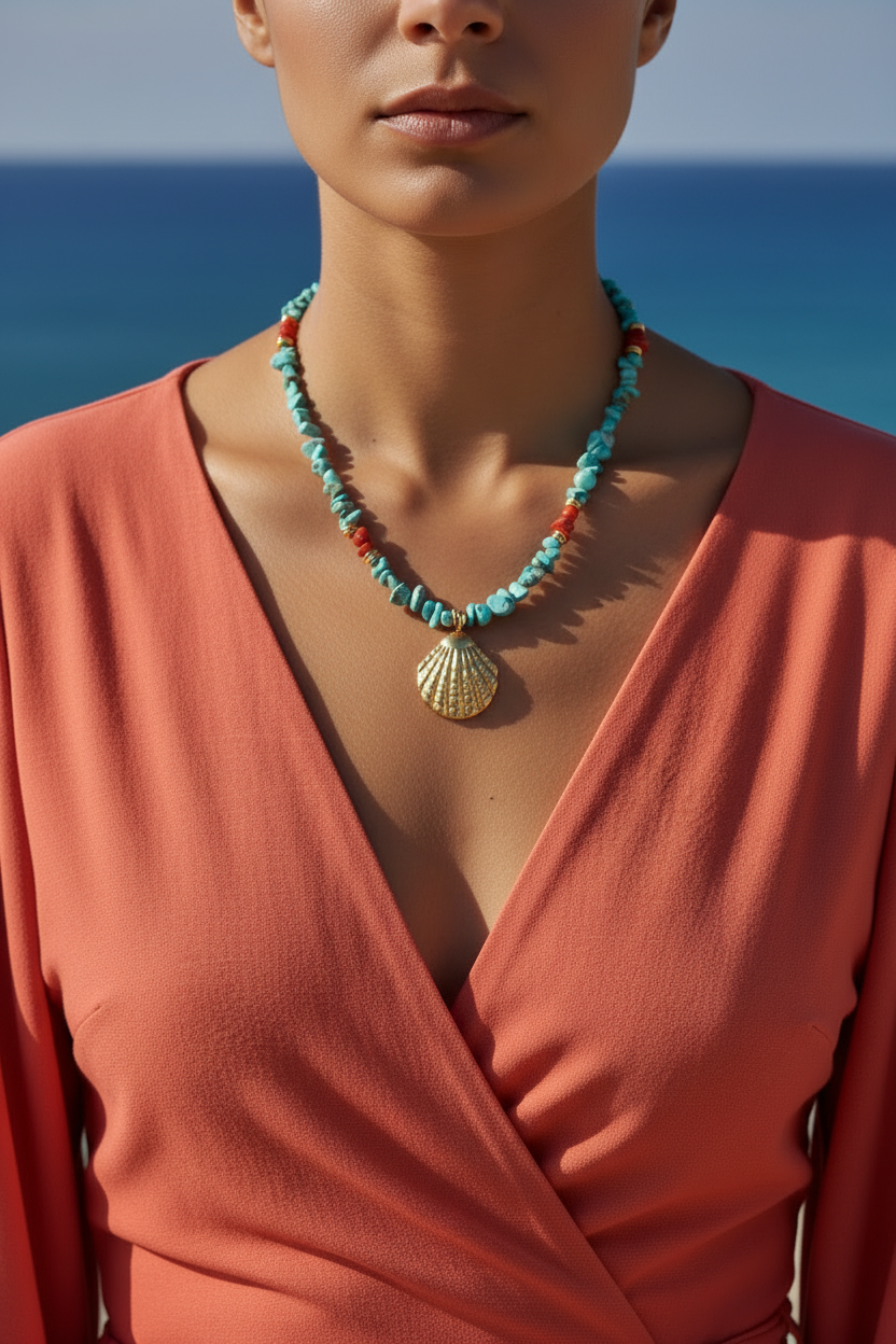 Collier turquoise corail de face mer