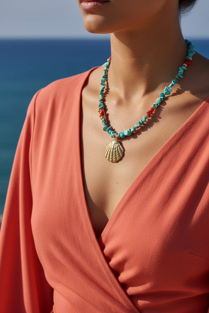 Collier turquoise corail pendentif coquillage doré mer