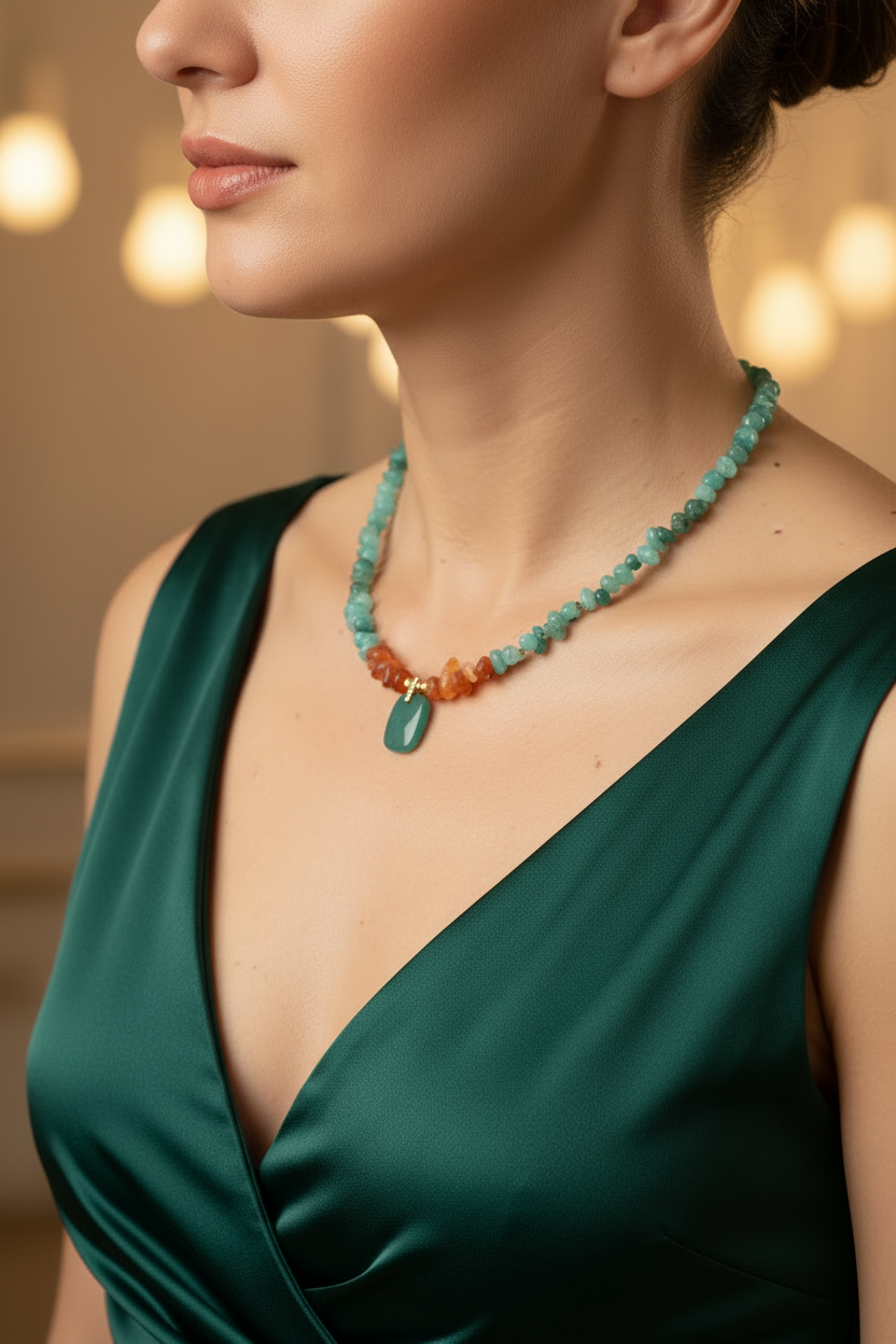 Collier turquoise cornaline angle 3/4 robe vert forêt