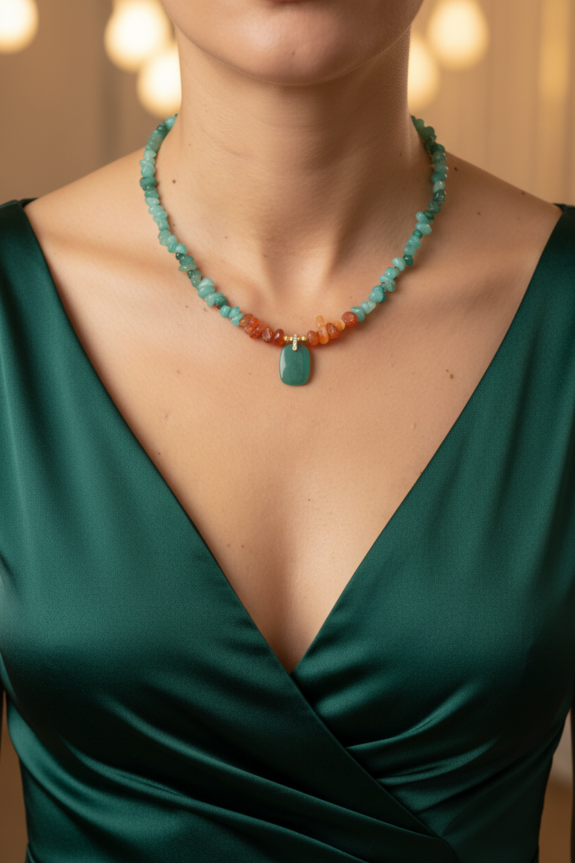 Collier turquoise cornaline pendentif robe vert forêt