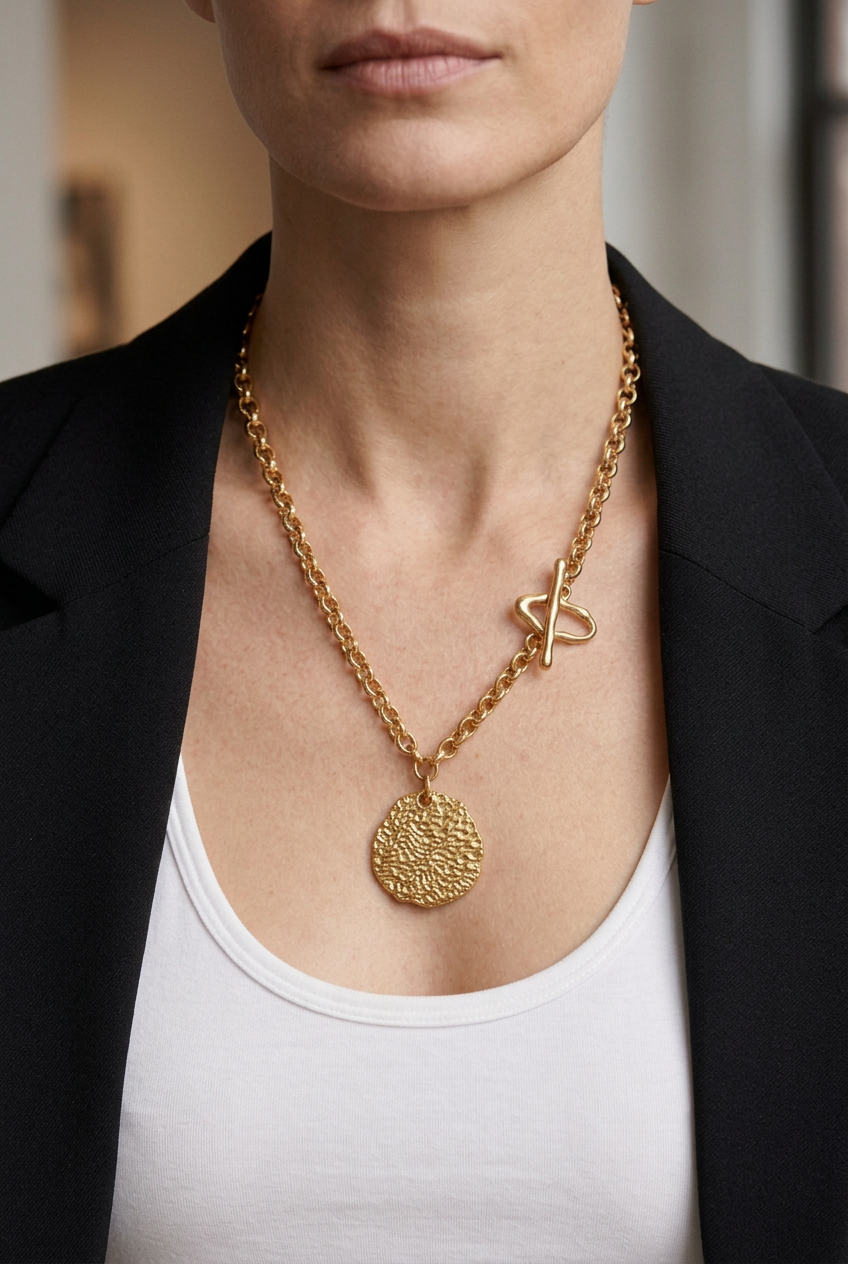 Recadrage en cours : visage hors champ, collier et tenue conservés